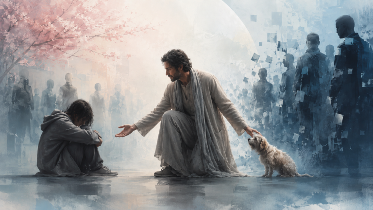 A man reaching compassionately toward a distressed person and a small dog, symbolizing humanity, empathy, and moral recognition.