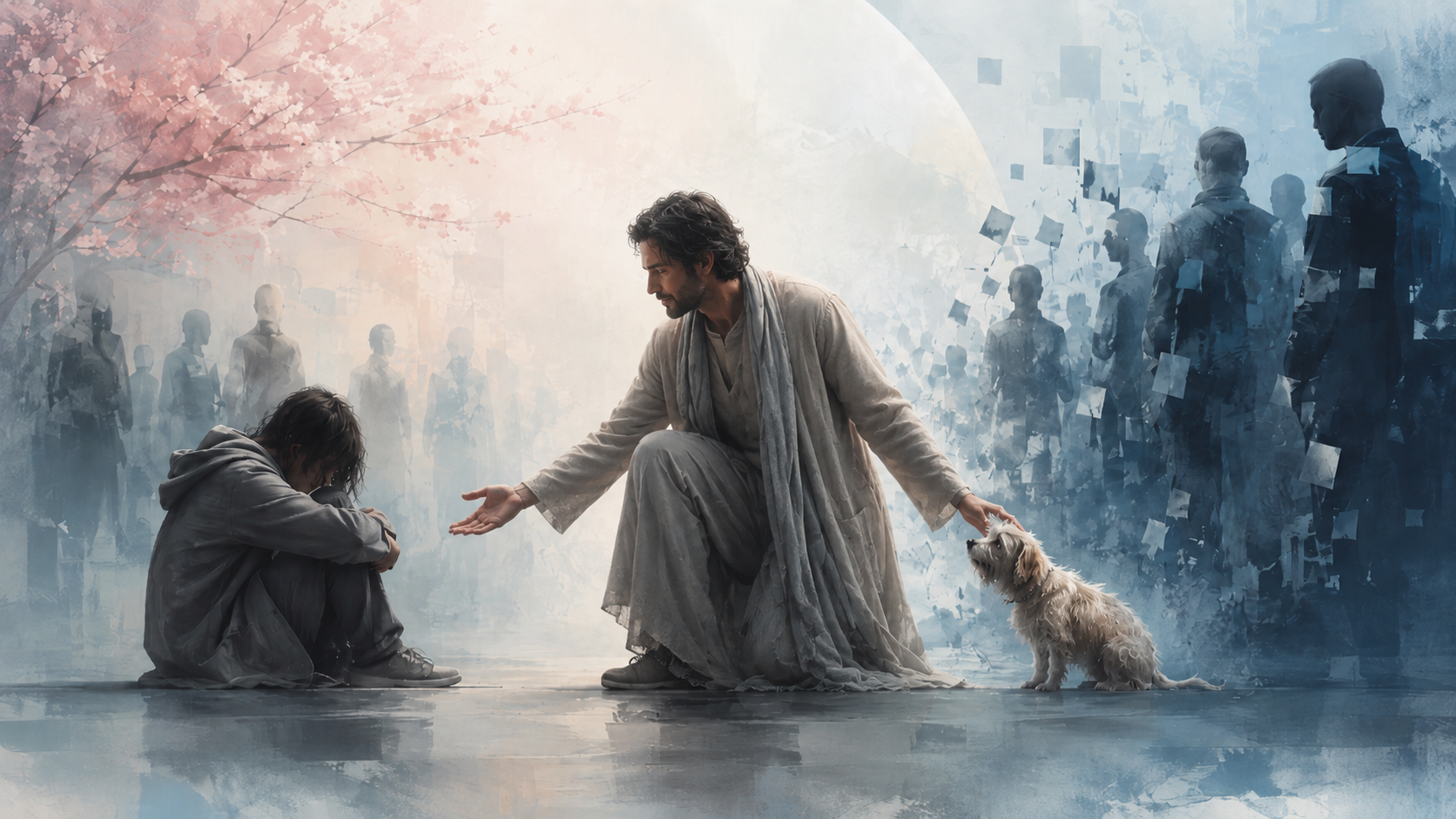 A man reaching compassionately toward a distressed person and a small dog, symbolizing humanity, empathy, and moral recognition.